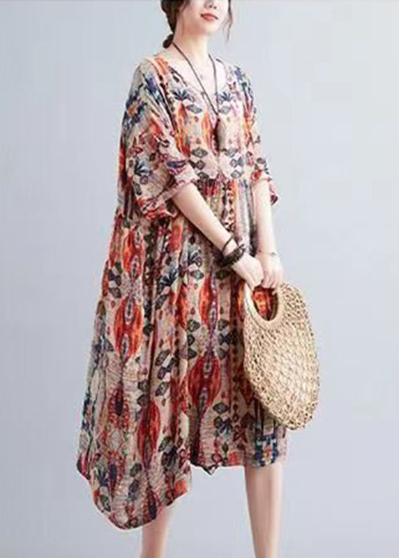 Orange O-neck Print Holiday Maxi Dress Summer