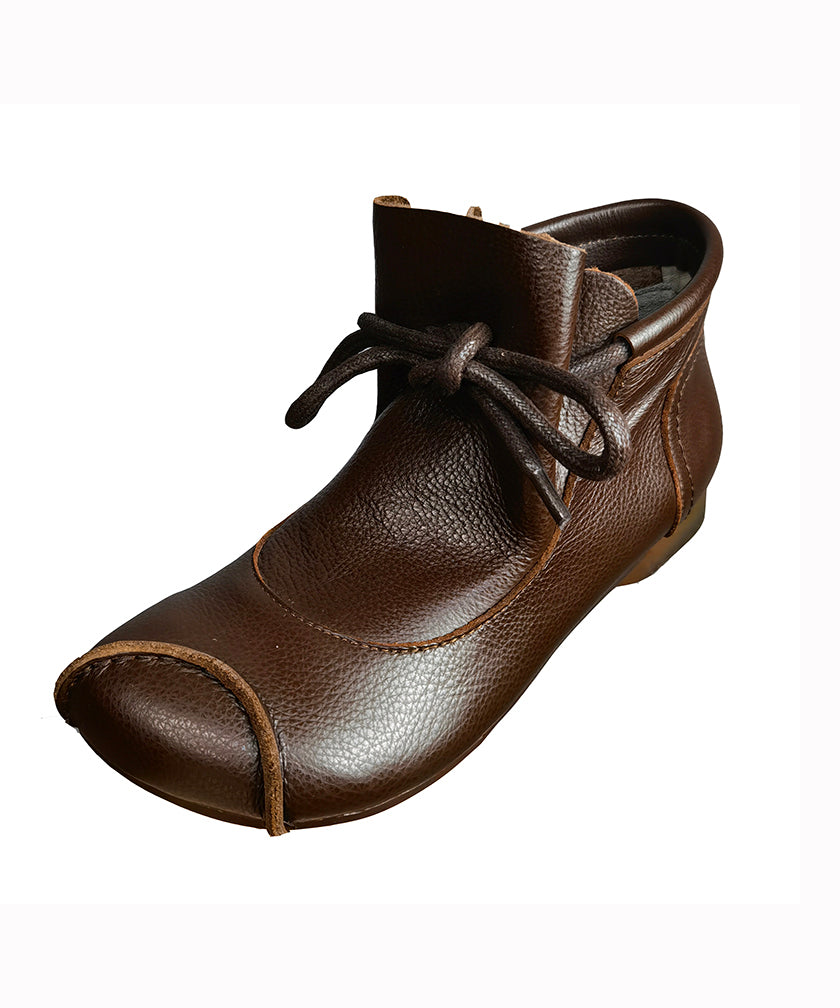 Brown Cowhide Leather Ankle Boots Lace Up Soft Splicing