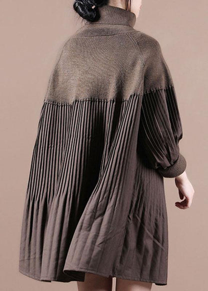 Chocolate High Neck Patchwork Fall Sweater Dress