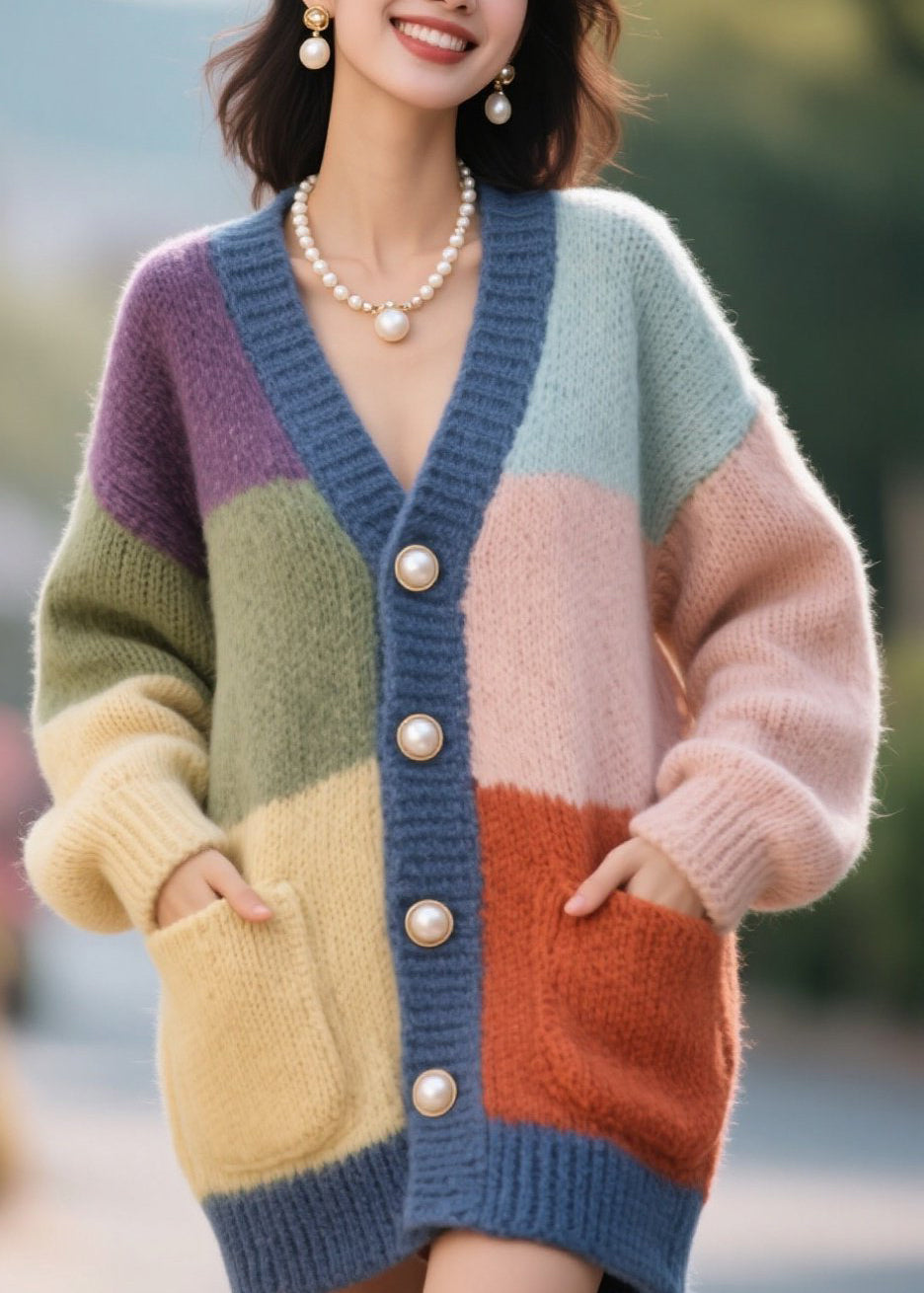 Colorblock Button Pockets Patchwork Knit Cardigan Fall