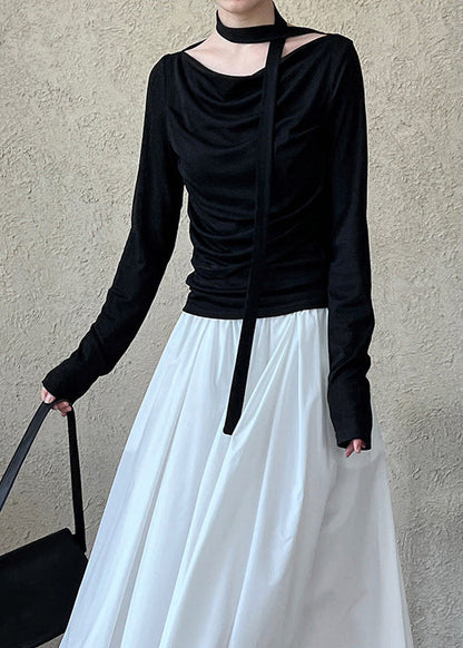 Black Wrinkled Cotton T Shirts Top Long Sleeve