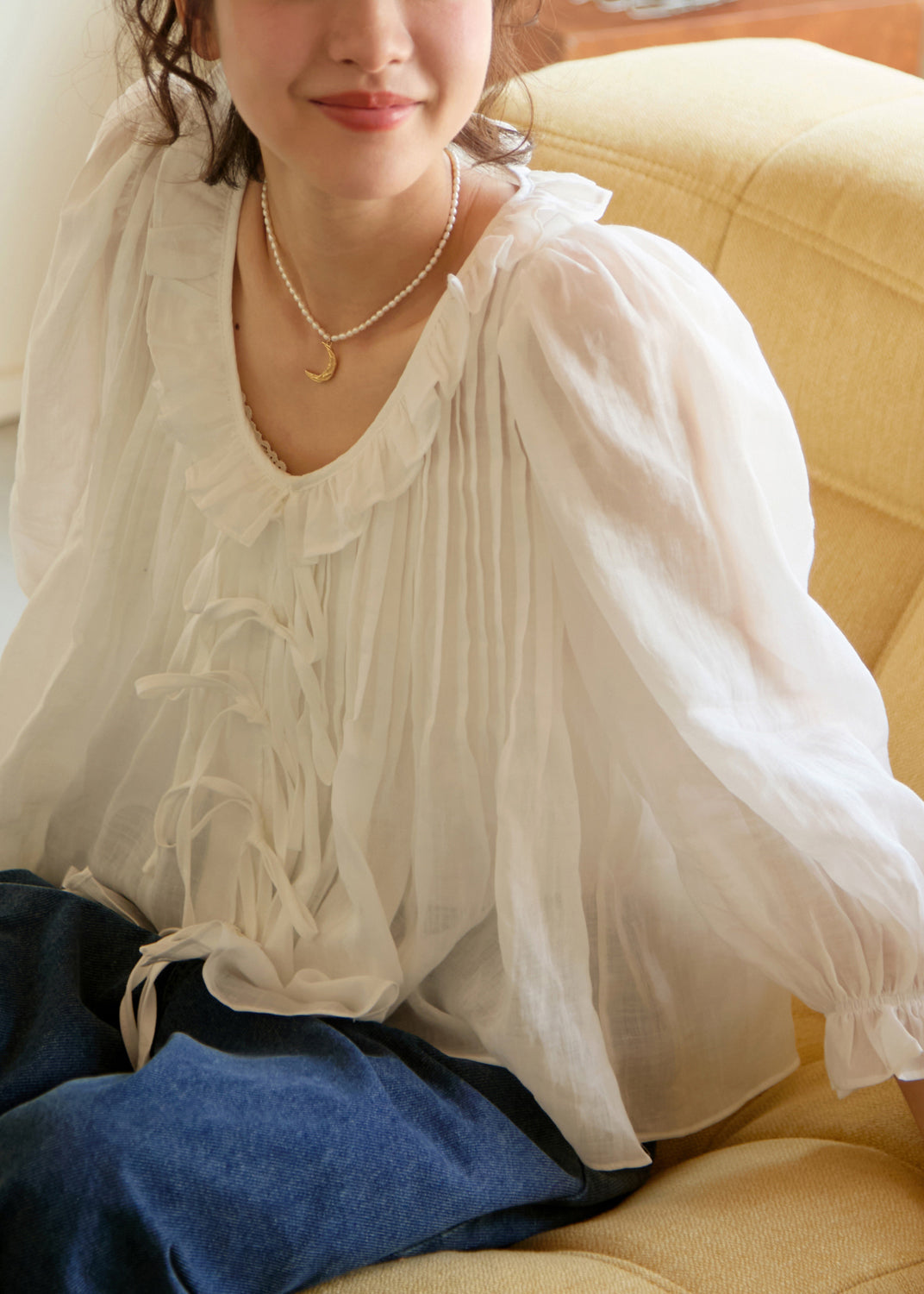White Ruffled Patchwork Linen Shirts Lantern Sleeve Fall