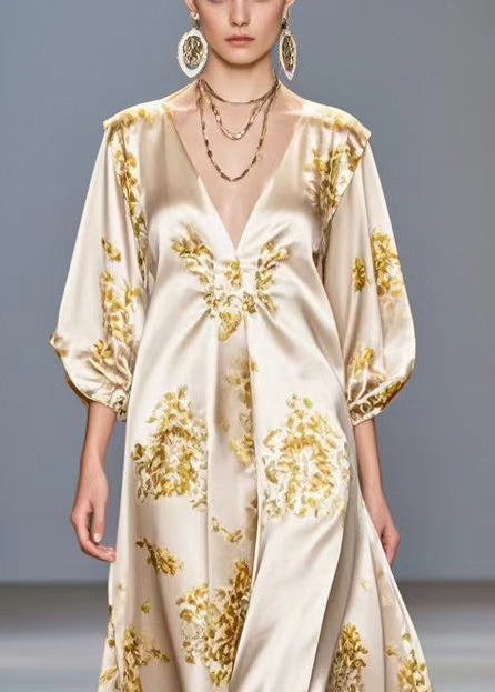 Fitted Champagne Oversized Print Silk Maxi Dress Bracelet Sleeve Spring