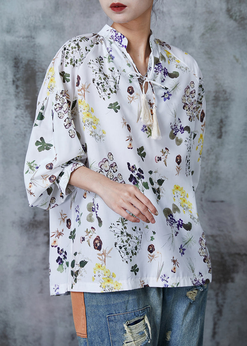 White Print Lace Up Chiffon Shirts Summer