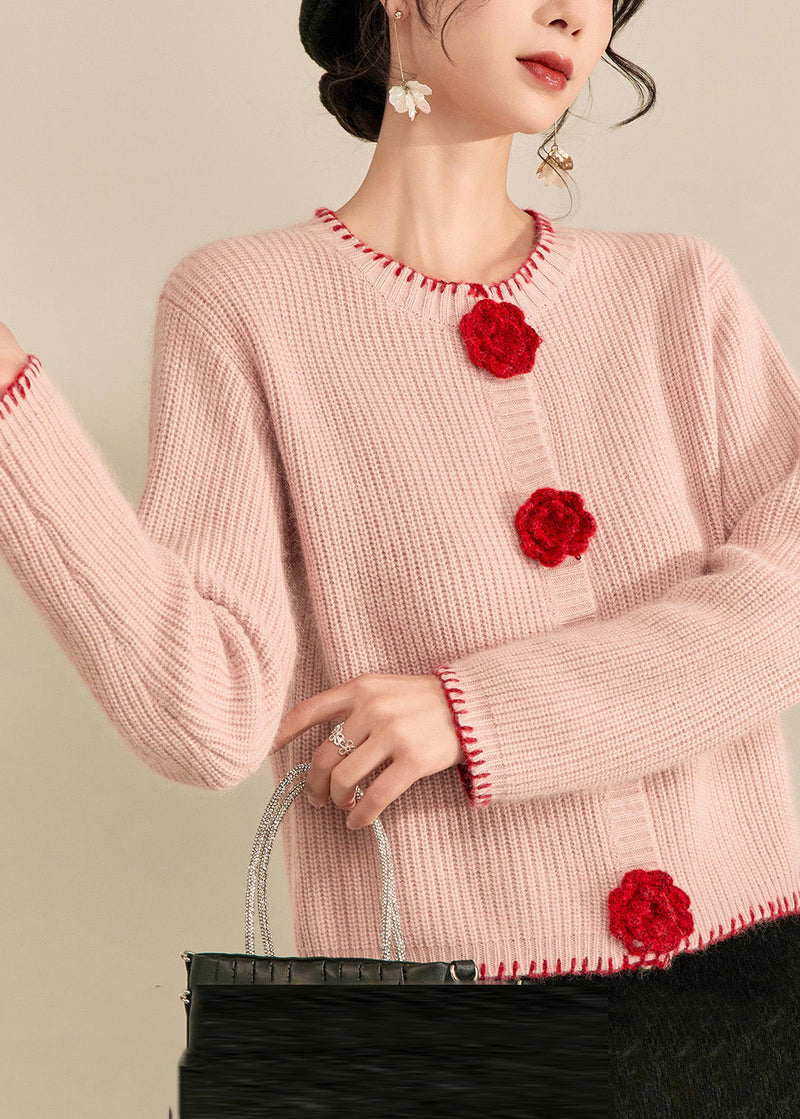Art Pink Patchwork Button Cotton Knit Cardigan Fall