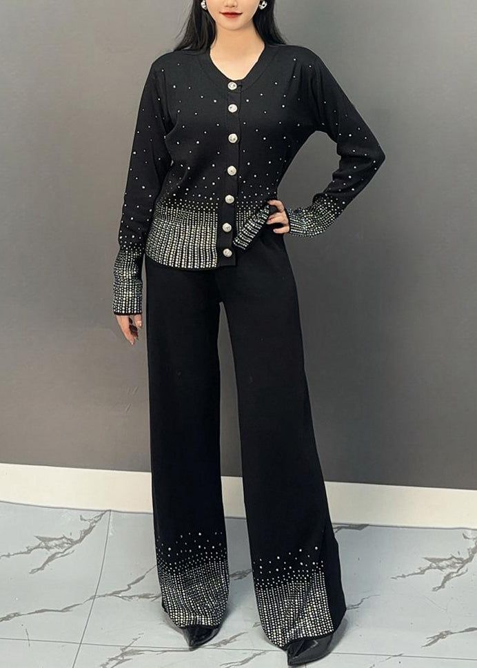 Classy Black V Neck Dot Print Knit Top and Wide Leg Pants Two Pieces Set Spring