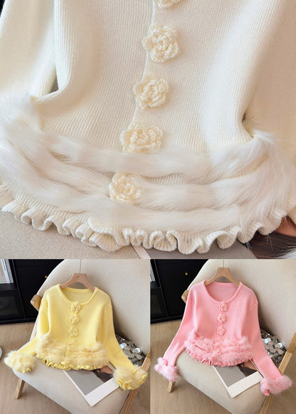 White Ruffled Cozy Patchwork Knit Sweater Tops