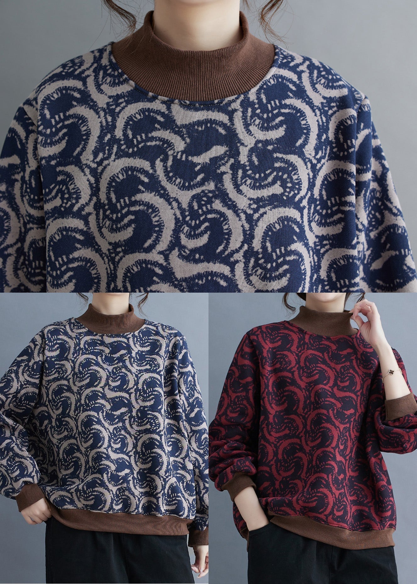 Mulberry Stand Collar Print Warm Fleece Pullover Spring