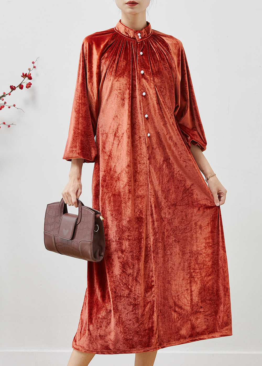 French Orange Stand Collar Silk Velour Long Dresses Fall