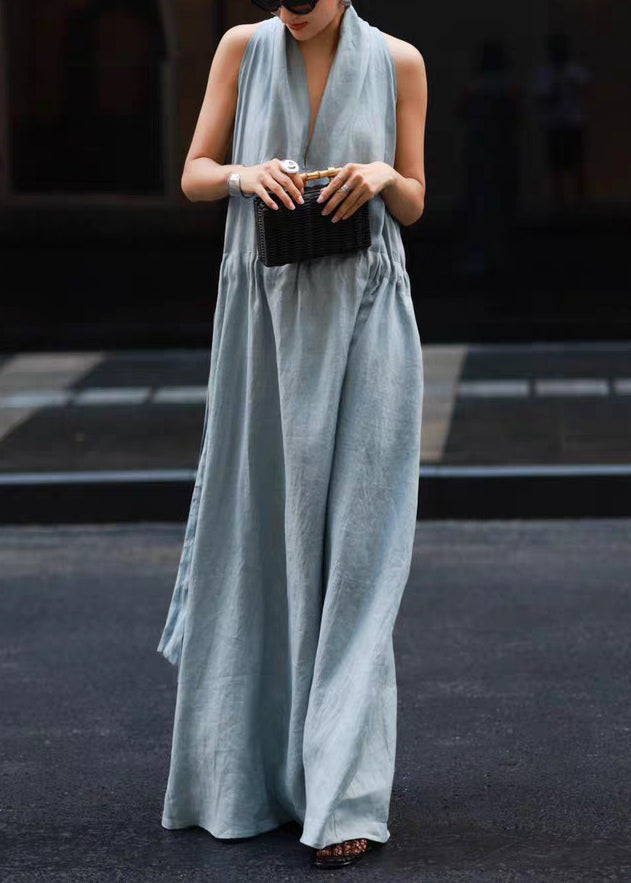 New Light Blue Pockets Tie Waist Linen Robe Dresses Sleeveless