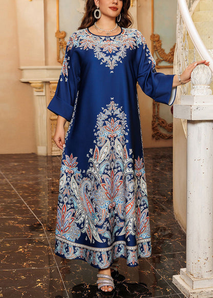 Green O-neck Print Cotton Long Dress Fall