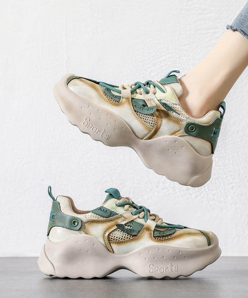 Handmade Green Cowhide Leather Lace Up High Wedge Platform Heels Shoes