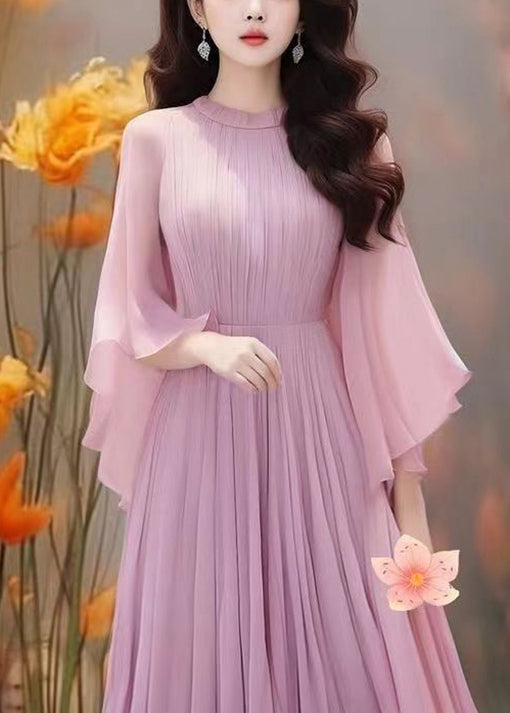 Purple Wrinkled Chiffon Dresses Butterfly Sleeve Summer