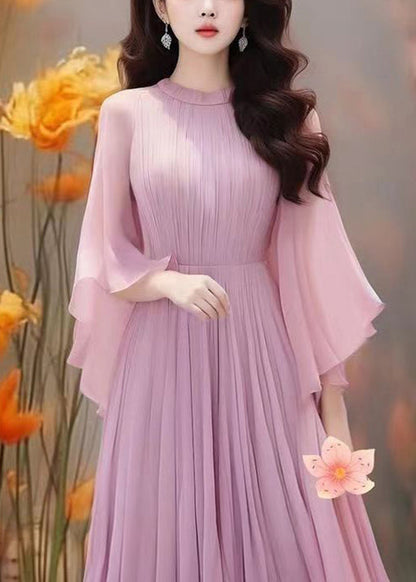 Purple Wrinkled Chiffon Dresses Butterfly Sleeve Summer