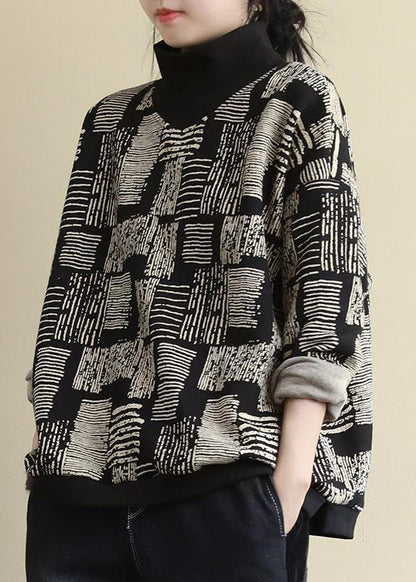 Black Turtleneck Print Patchwork Warm Fleece Tops Long Sleeve