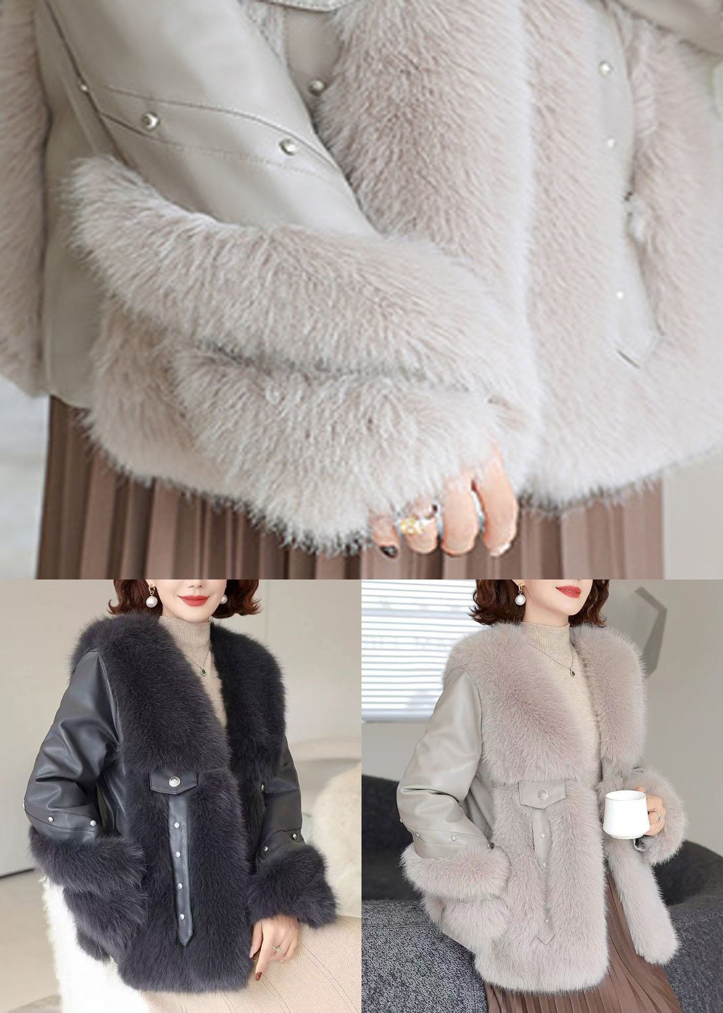 Grey Nail Bead Patchwork Mink Velvet Coats Winter