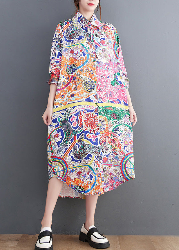 Peter Pan Collar Print Button Maxi Shirts Dresses Spring