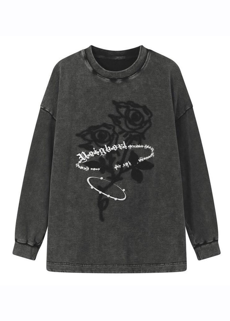 Dark Grey O-neck Rose Print Warm Fleece Pullover Long Sleeve