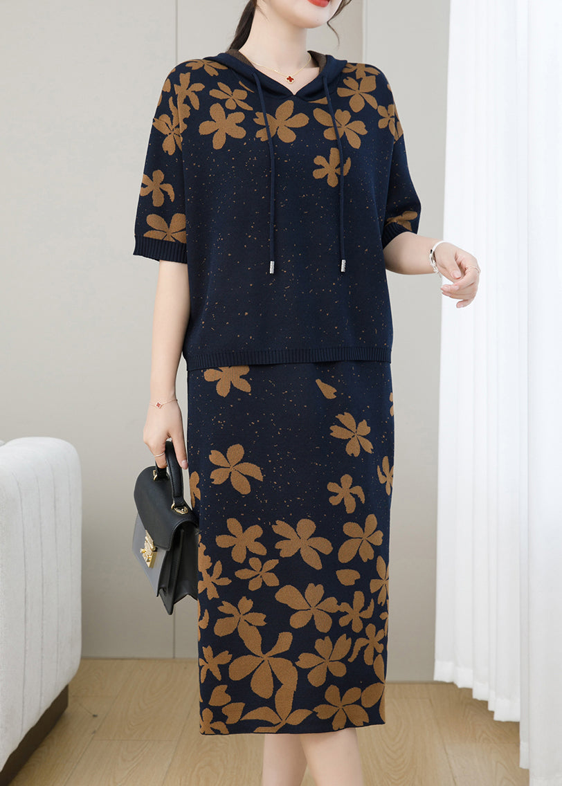 Coffee Jacquard Hooded Patchwork Knit Two Pieces Set Fall