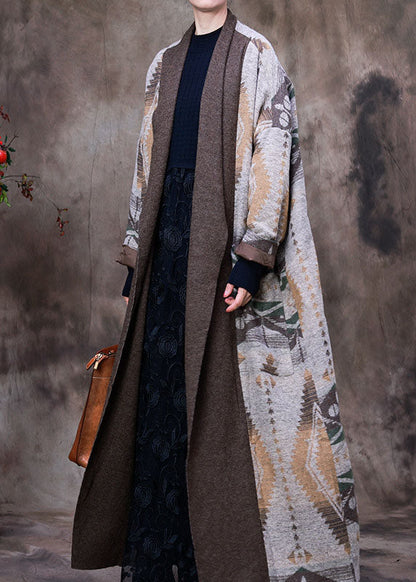 Organic Chocolate V Neck Print Asymmetrical Design Patchwork Fall Woolen Coat Long Sleeve