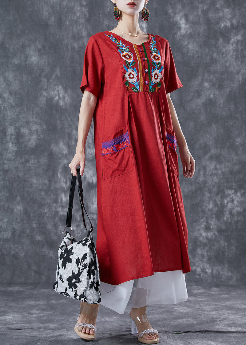Red Embroideried Patchwork Linen Dress Summer