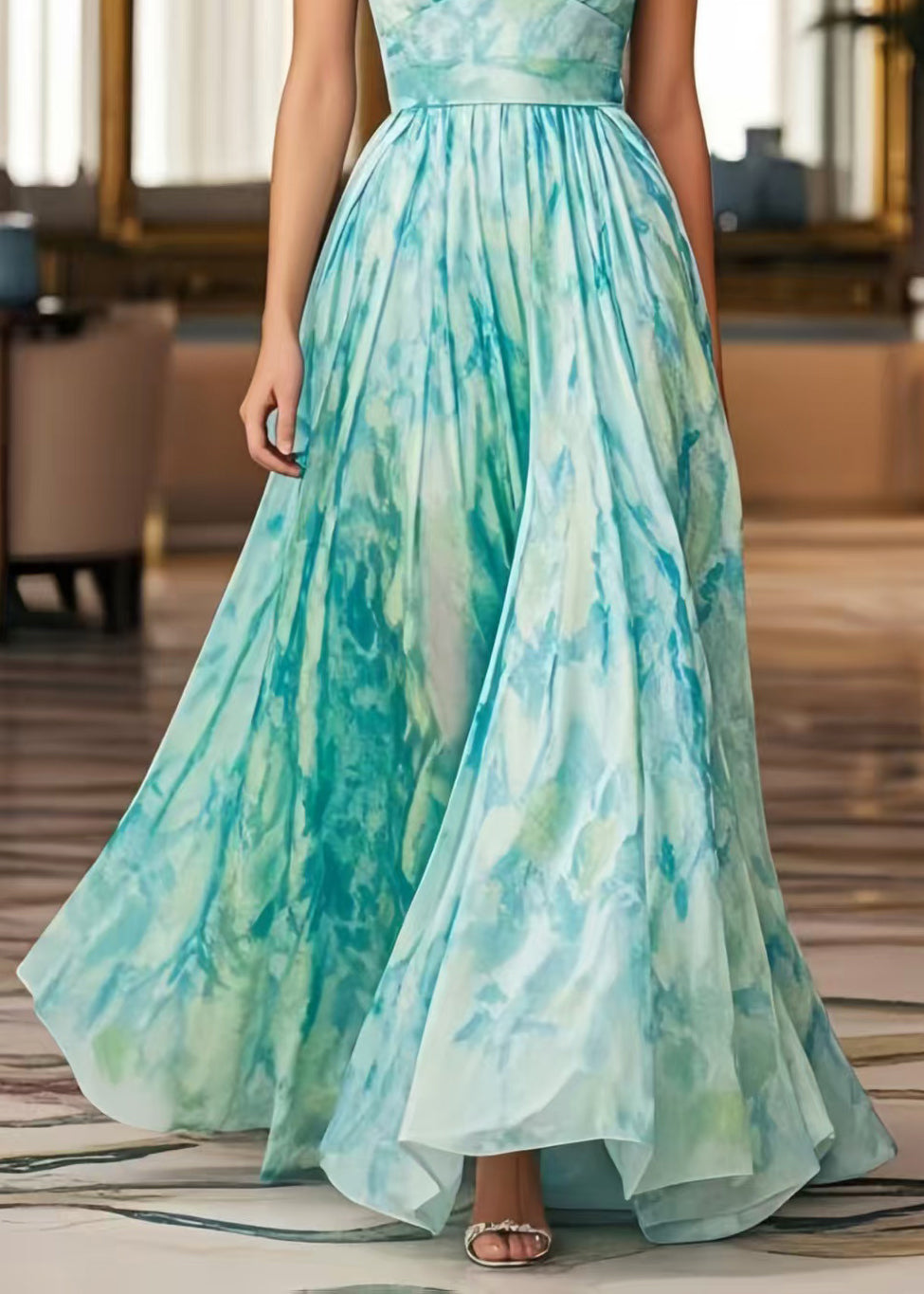 Light Blue Print Exra Large Hem Chiffon Cami Dresses Summer