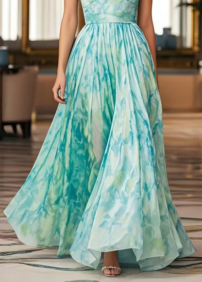Light Blue Print Exra Large Hem Chiffon Cami Dresses Summer
