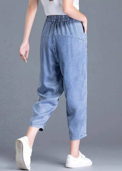 Modern Light Blue Elastic Waist Pockets Harem Jeans Summer