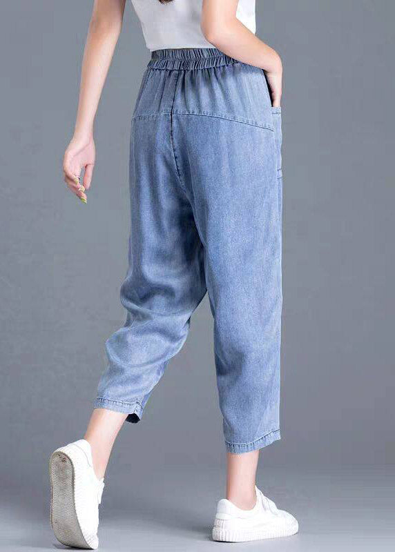 Modern Light Blue Elastic Waist Pockets Harem Jeans Summer