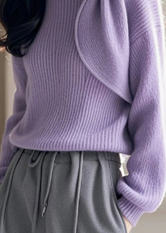 Purple O Neck Bow Knitted Sweaters Spring