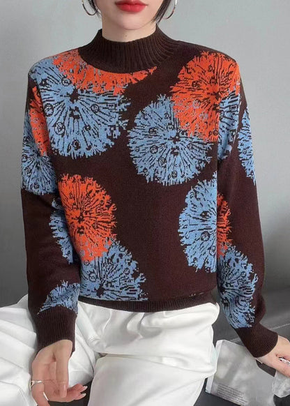 Coffee Print Patchwork Cozy Knit Top Long Sleeve