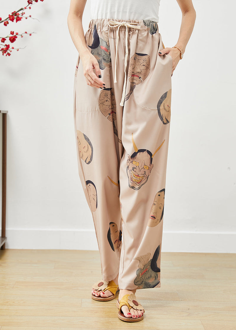Khaki Elastic Waist Monsters Print Silk Pants Fall