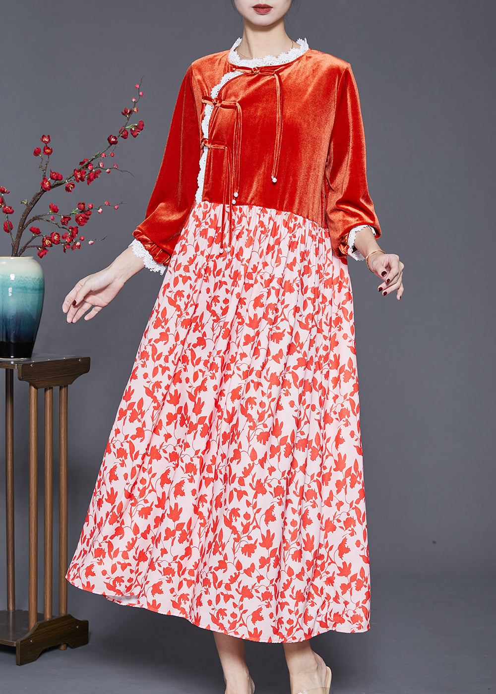 Diy Orange Tasseled Patchwork Silk Velour Holiday Dress Spring