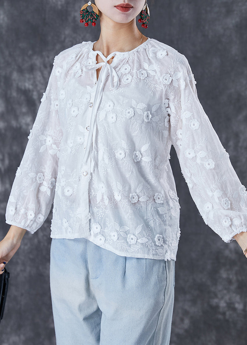 White Embroideried Lace Up Cotton Tops Fall