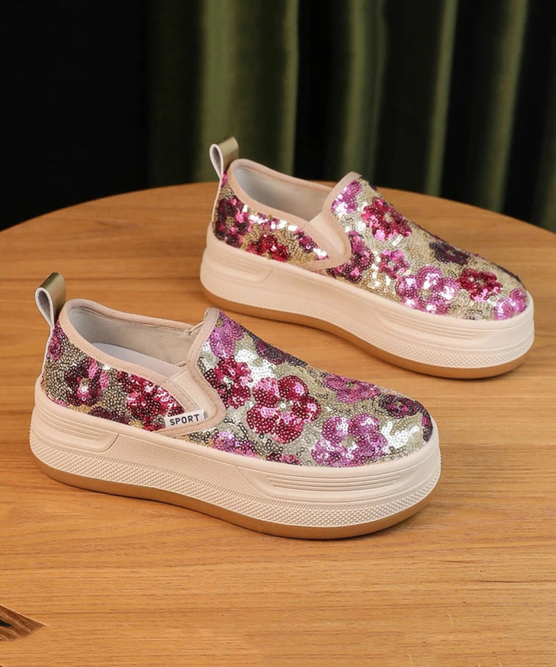 Pink Sequins Print Tulle Loafer Shoes