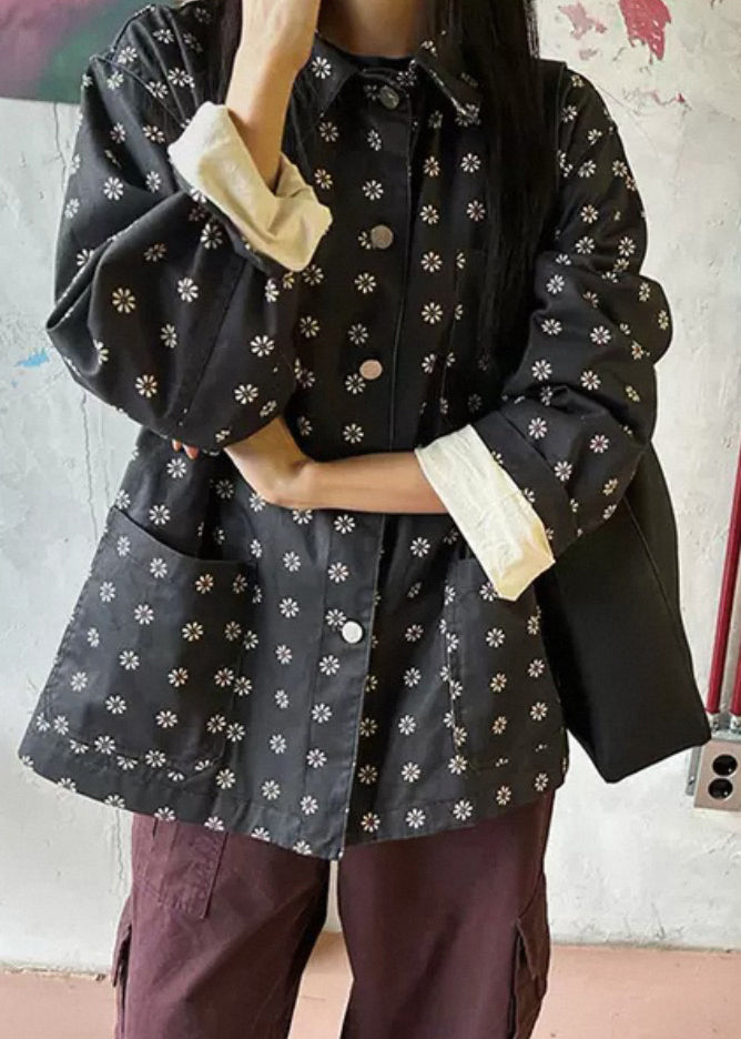 Black Print Pockets Cotton Coat Outwear Fall