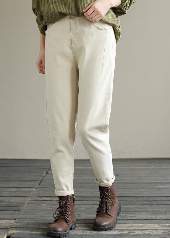 Beige Trousers Spring Elastic Waist Fabrics Pant