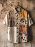 Boho Floral Colorblocking Men's Linen Short Sleeve Shirt artswardrobe