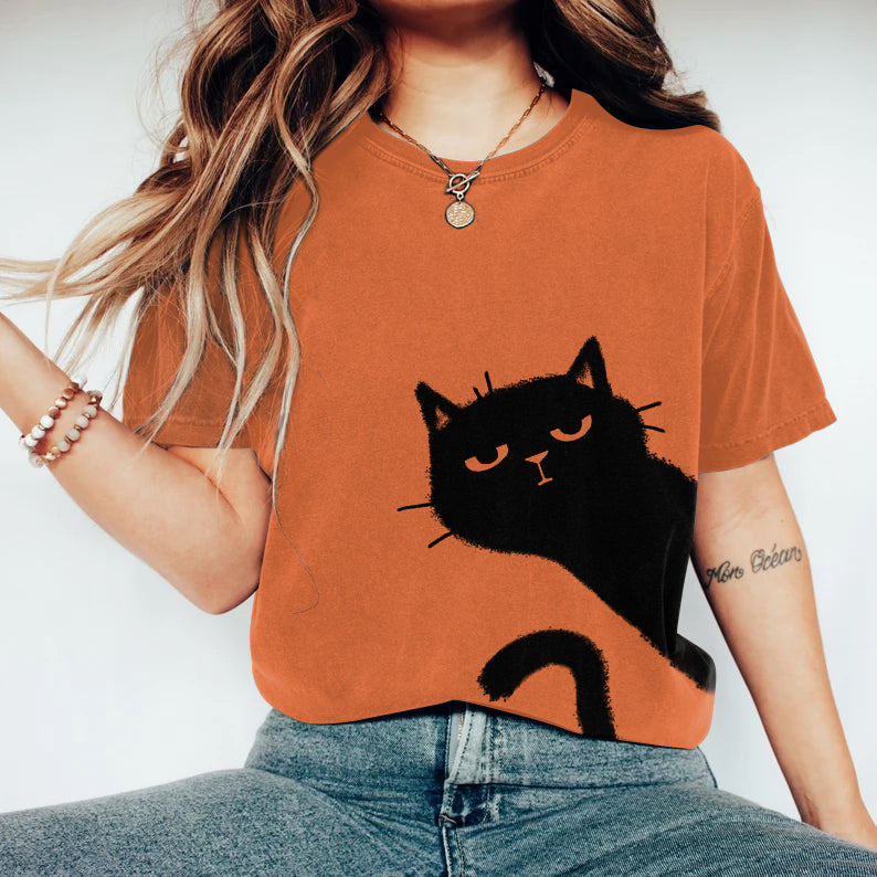 Comstylish Women's Abstract Creative Cute Black Cat Art Print T-shirt