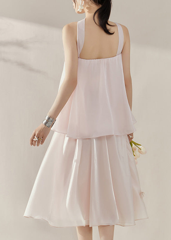 French Pink Patchwork Topand Maxi Skirts Two Piece Set Sleeveless