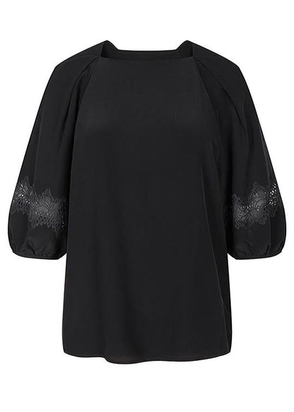 Black Slash Neck Patchwork Lace Blouses Half Sleeve