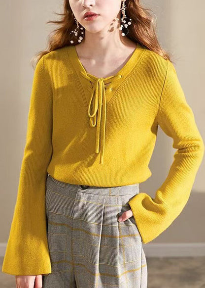 Yellow V Neck Lace Up Knit Sweater Flare Sleeve