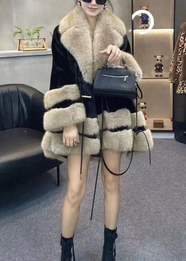 Leopard Peter Pan Collar Drawstring Patchwork Fuzzy Fur Fluffy Coats Winter