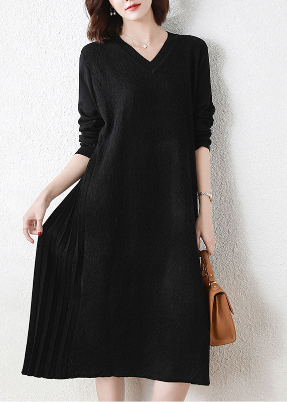 Yellow V Neck Patchwork Wrinkled Woolen Long Knit Dress Long Sleeve