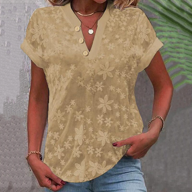 Comstylish Women's Retro Embroidered Buttons V Neck Shirt