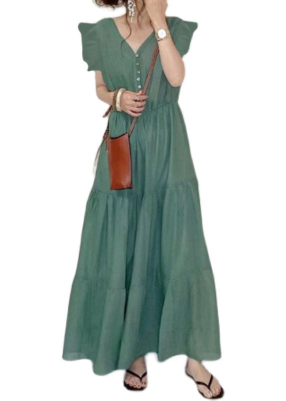 Green V Neck Patchwork Wrinkled Cotton Dresses Summer