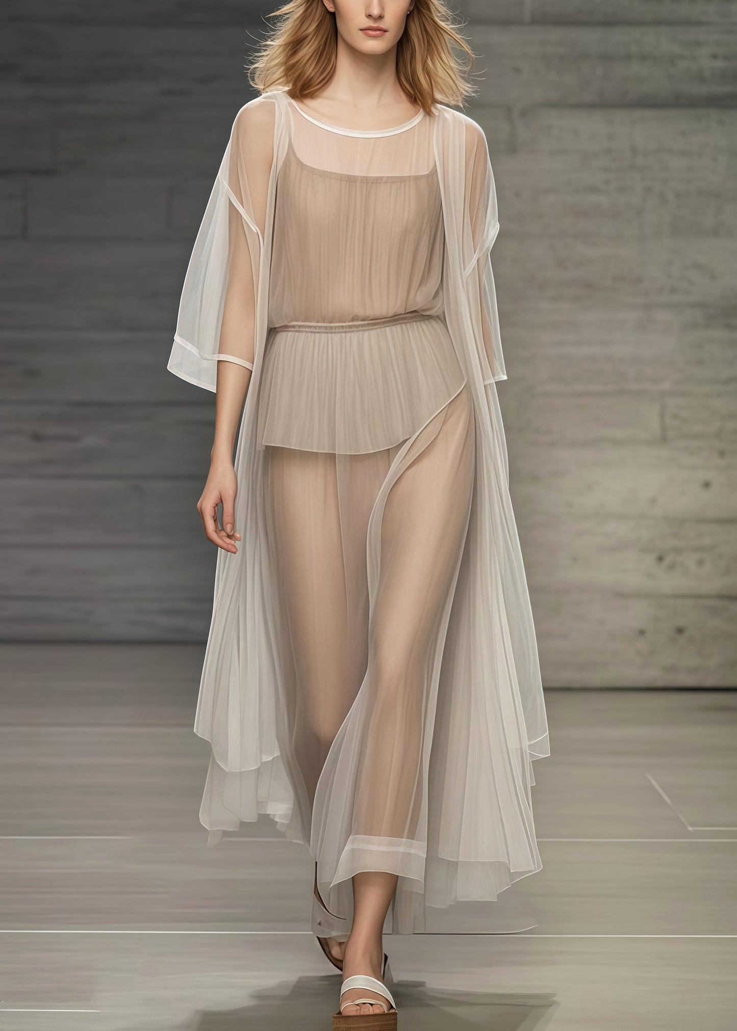 Khaki Oversized Sheer Tulle Beach Two Pieces Set Summer