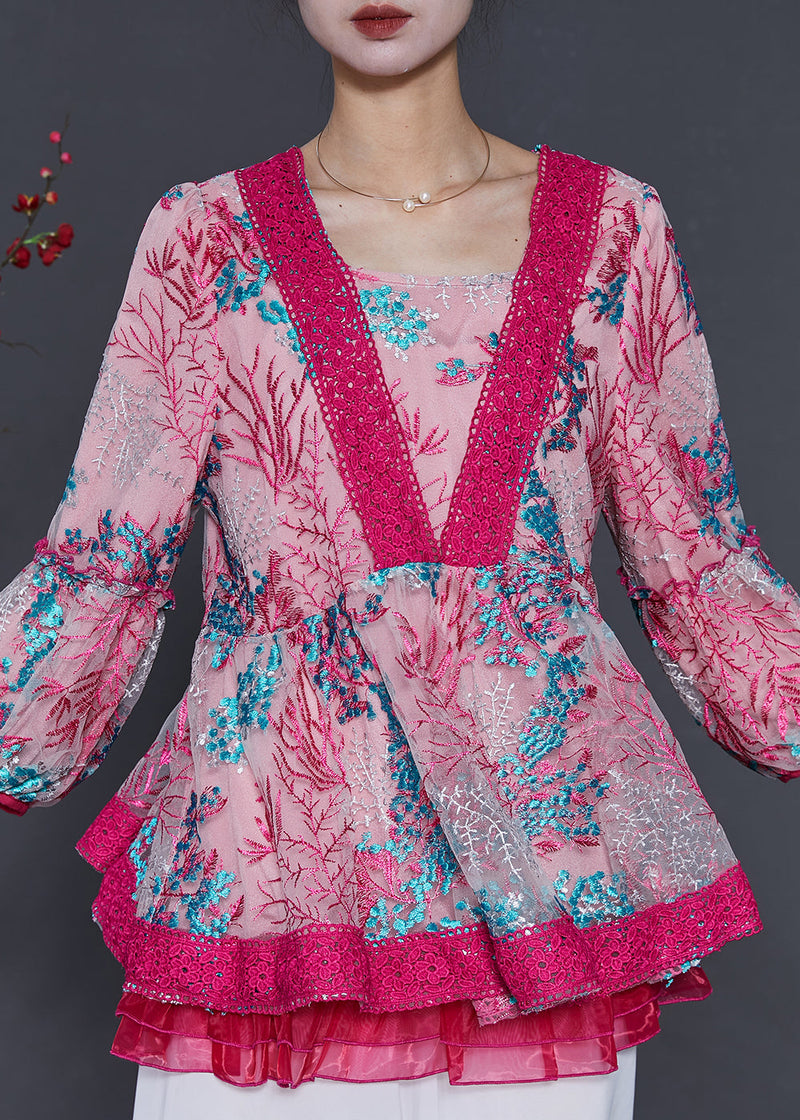 Rose Embroidered Patchwork Tulle Shirt Spring