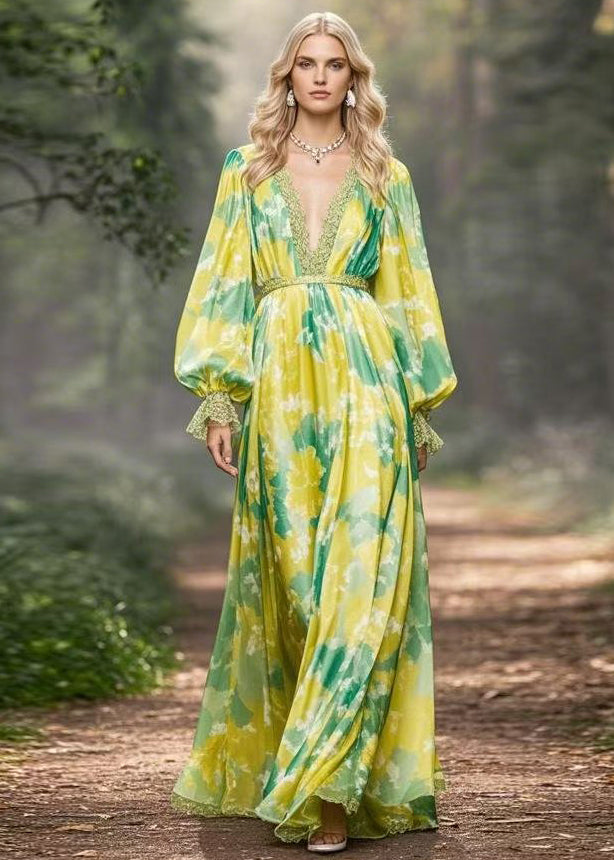 Fine Green Print High Waist Chiffon Maxi Dresses Flare Sleeve Fall