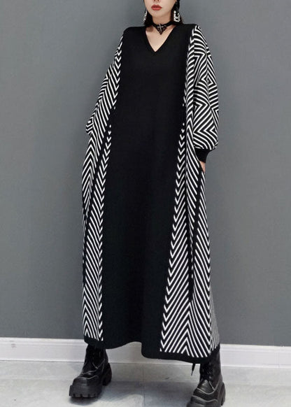 Black V Neck Knit Ankle Dress Spring